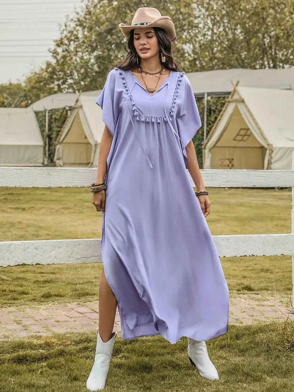 Side Slit Tie Neck Flutter Sleeve Dress Lavender 41a61200-9bc2-4dce-ad48-e10468b18d2a-Max-Origin