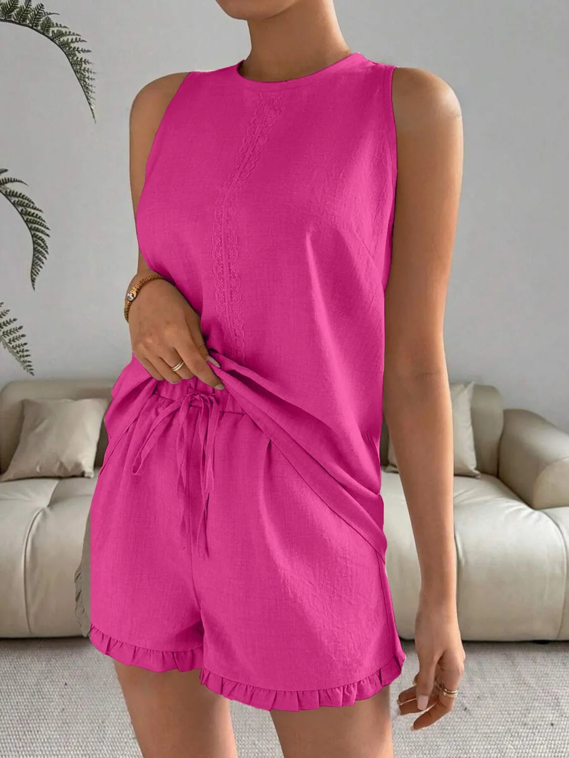 Lace Detail Round Neck Tank and Shorts Set Hot Pink 41ada782-a4e9-42b7-9345-441c2723a114-Max-Origin