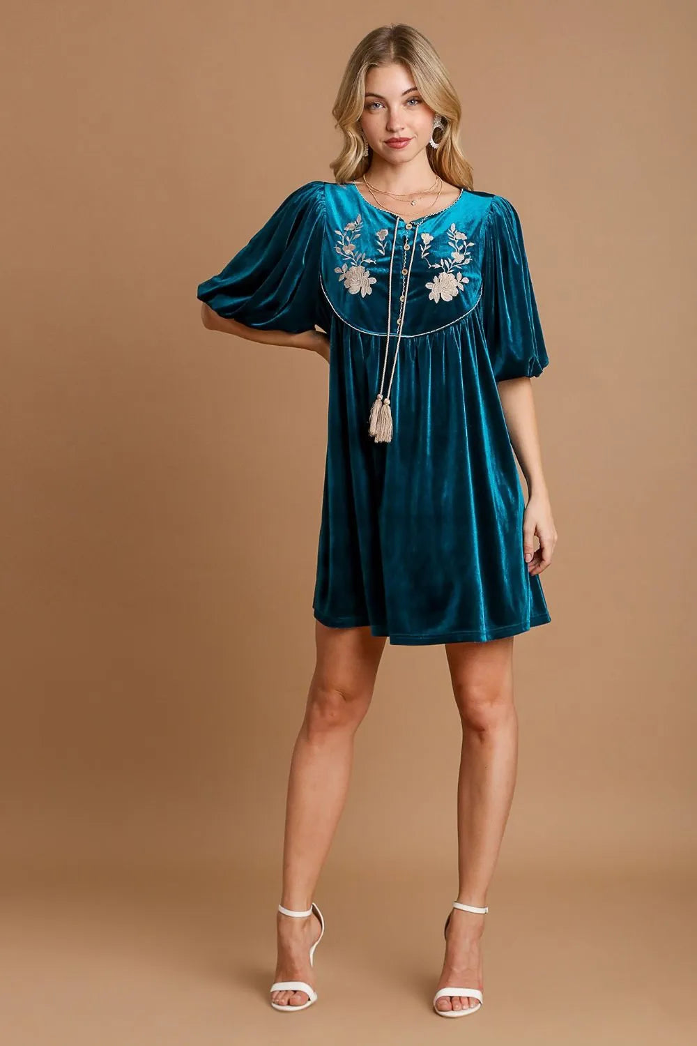 Umgee Embroidered Half Sleeve Velvet Mini Dress with Tassel 41af5fda-d81e-439b-9fe2-24417b6fd326-Max