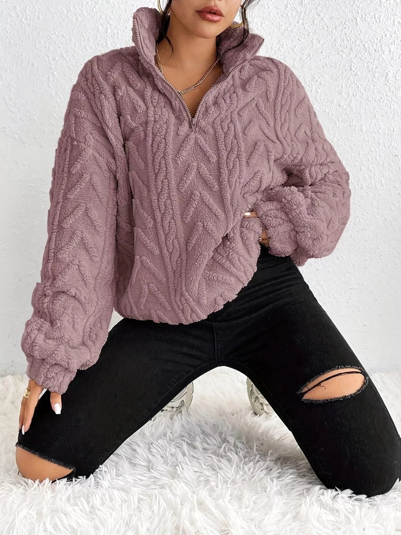 Quarter Zip Dropped Shoulder Sherpa Sweatshirt 41bb6b0d03f342949ebd0292e83fb60d-Max-Origin