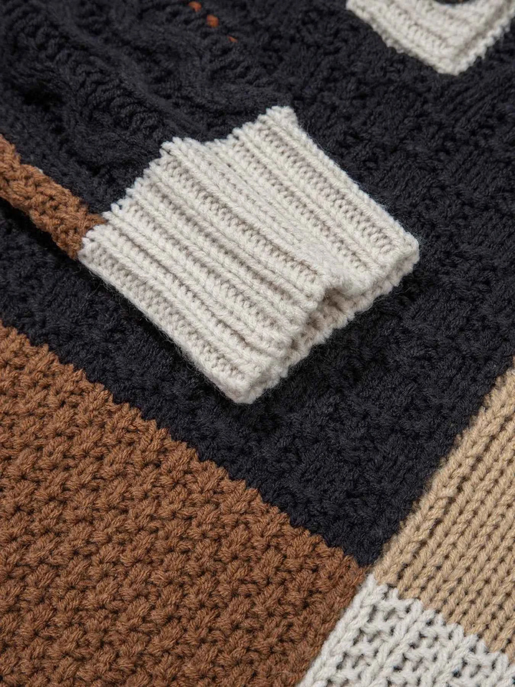 Multicolour Color Block Cable Knit Sleeve Buttons Collared Sweater 41c020706da54c64a64e827537824c07-Max-Origin