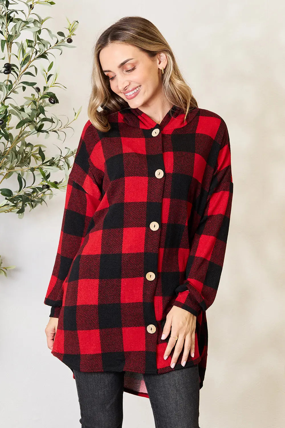Heimish Full Size Plaid Button Front Hooded Shirt Black Red 41c206b512fe46bc9107c361b076dbf6-Max