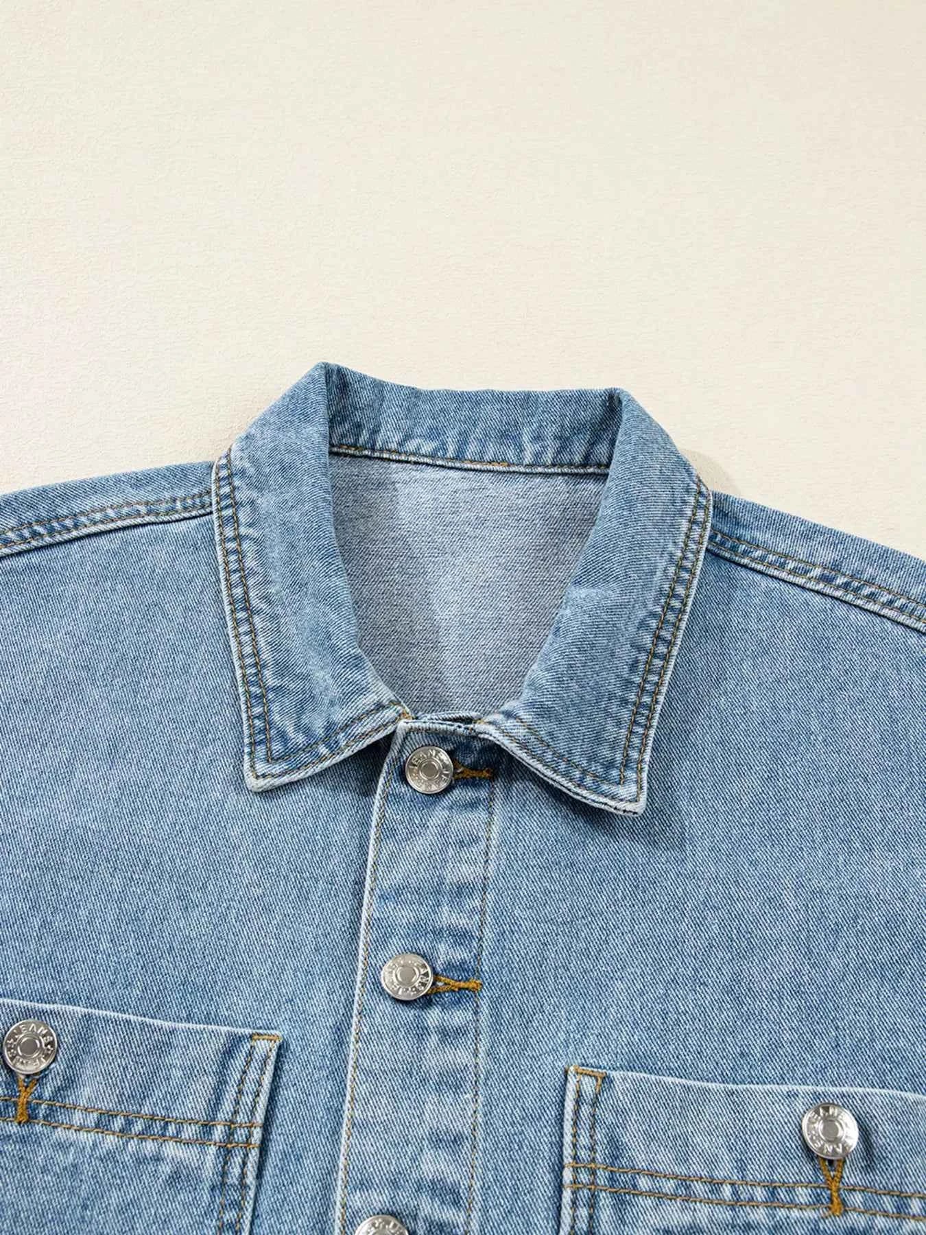 Patched Pockets Side Tie Denim Jacket 41c371c4f4a145469276a22b42020766-Max-Origin