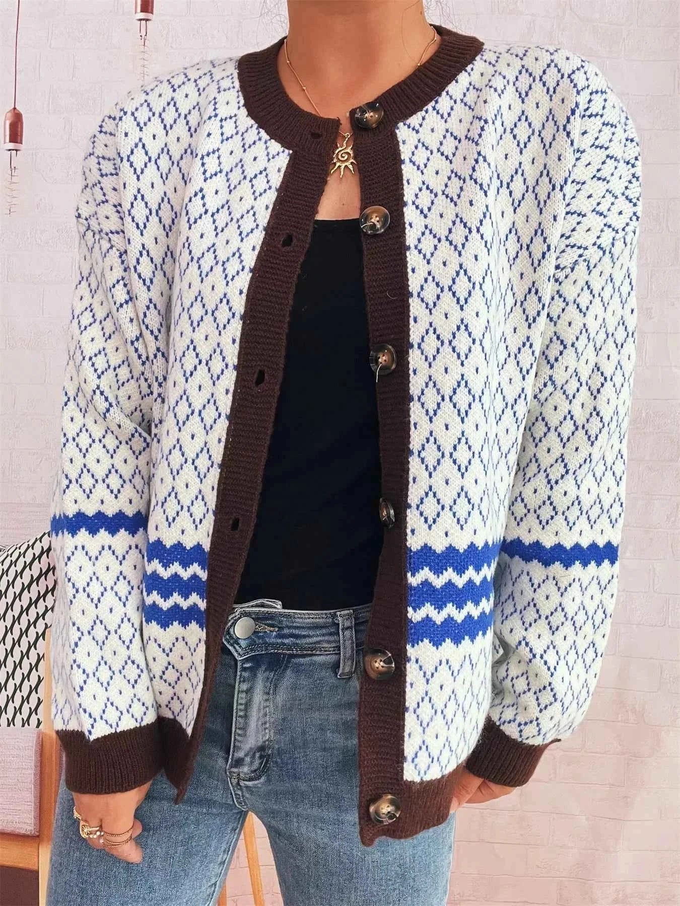Geometric Pattern Button Up Cardigan Blue One Size 41e272ad4fa040bdb585ed30f621a46d-Max-Origin