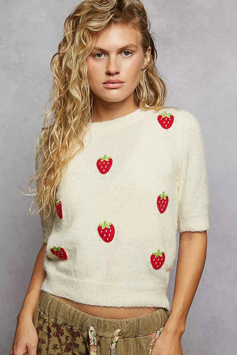 POL Round Neck Strawberry Patch Sweater with Shirring Shoulder 41e3fd73-fcee-47eb-a566-877053bb9594-Max-Origin