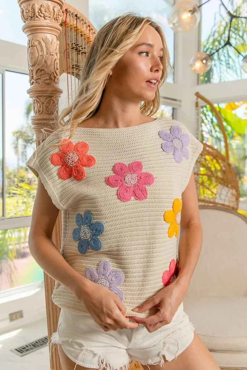 BiBi Multi Jeweled Crochet Flower Patch Sweater Vest 41f769a16405464f8f28df58a0641730-Max-Origin