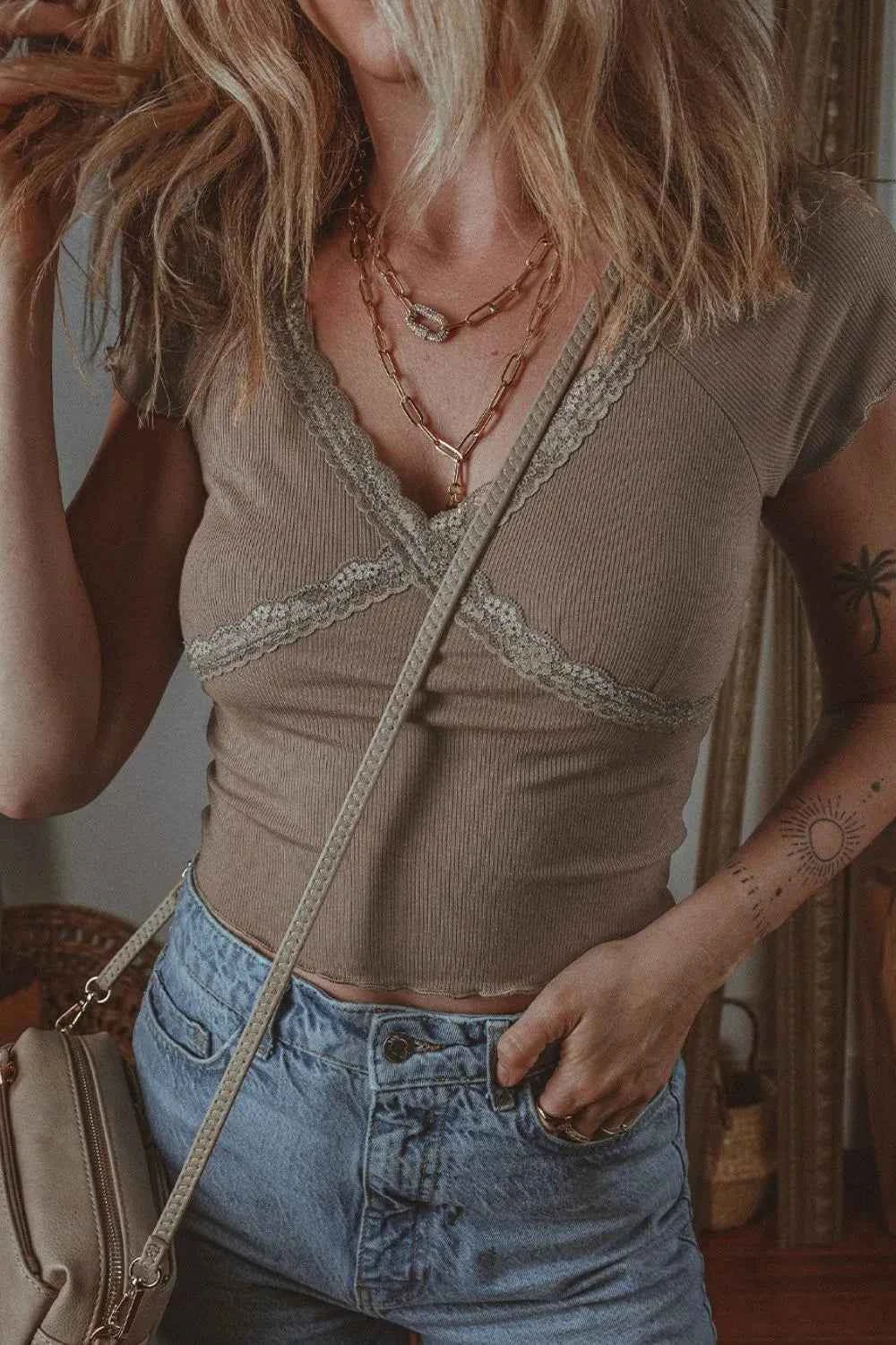 Lace Splicing Crisscross Slim V Neck T Shirt Mocha 41ff811a-7457-41eb-a782-bb1204ff5828-Max