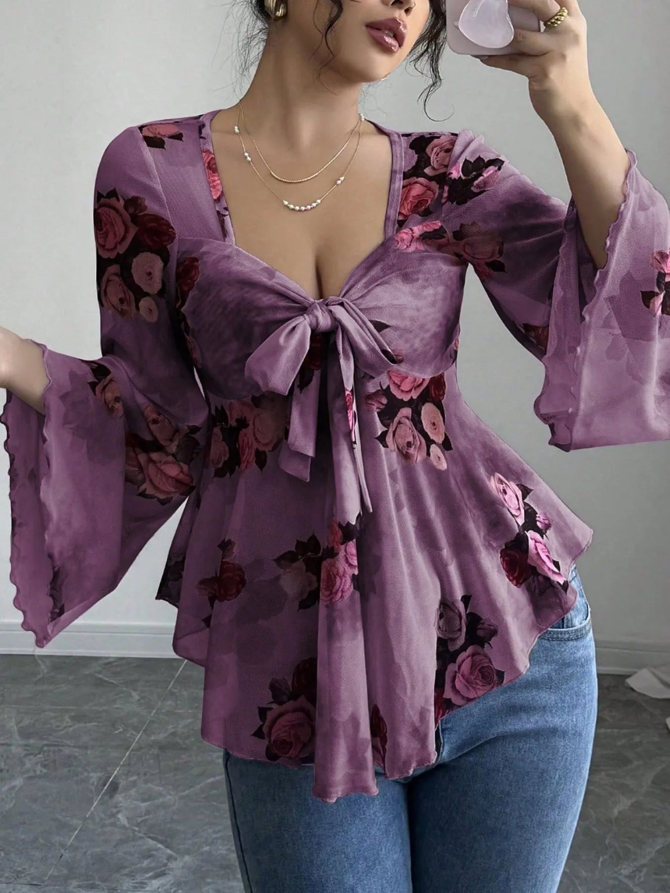 Floral Tie Front Flare Sleeve Blouse Dark Purple 42166309-c718-42e7-a36a-a3122d39903c-Max-Origin