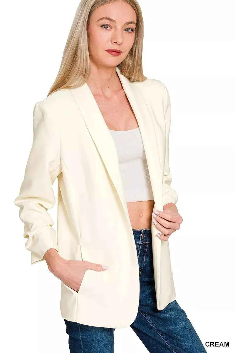 Zenana Woven 3/4 Ruched Sleeve Open Front Classic Blazer CREAM 421ac6ff520f48f18b03b8692dc3257c-Max-Origin