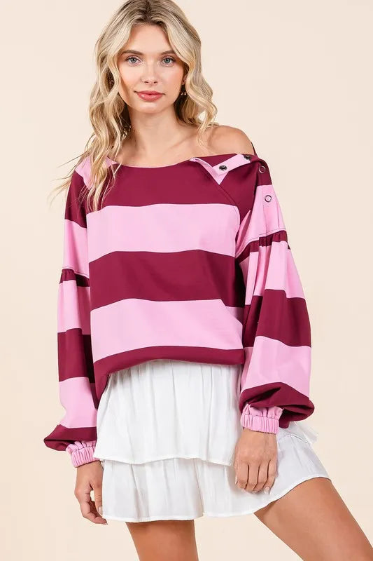 Mittoshop Striped Snap Shoulder Long Sleeve T-Shirt Pink Wine 421c0ddf-e3ff-47c7-af44-1a97b42a30fd-Max