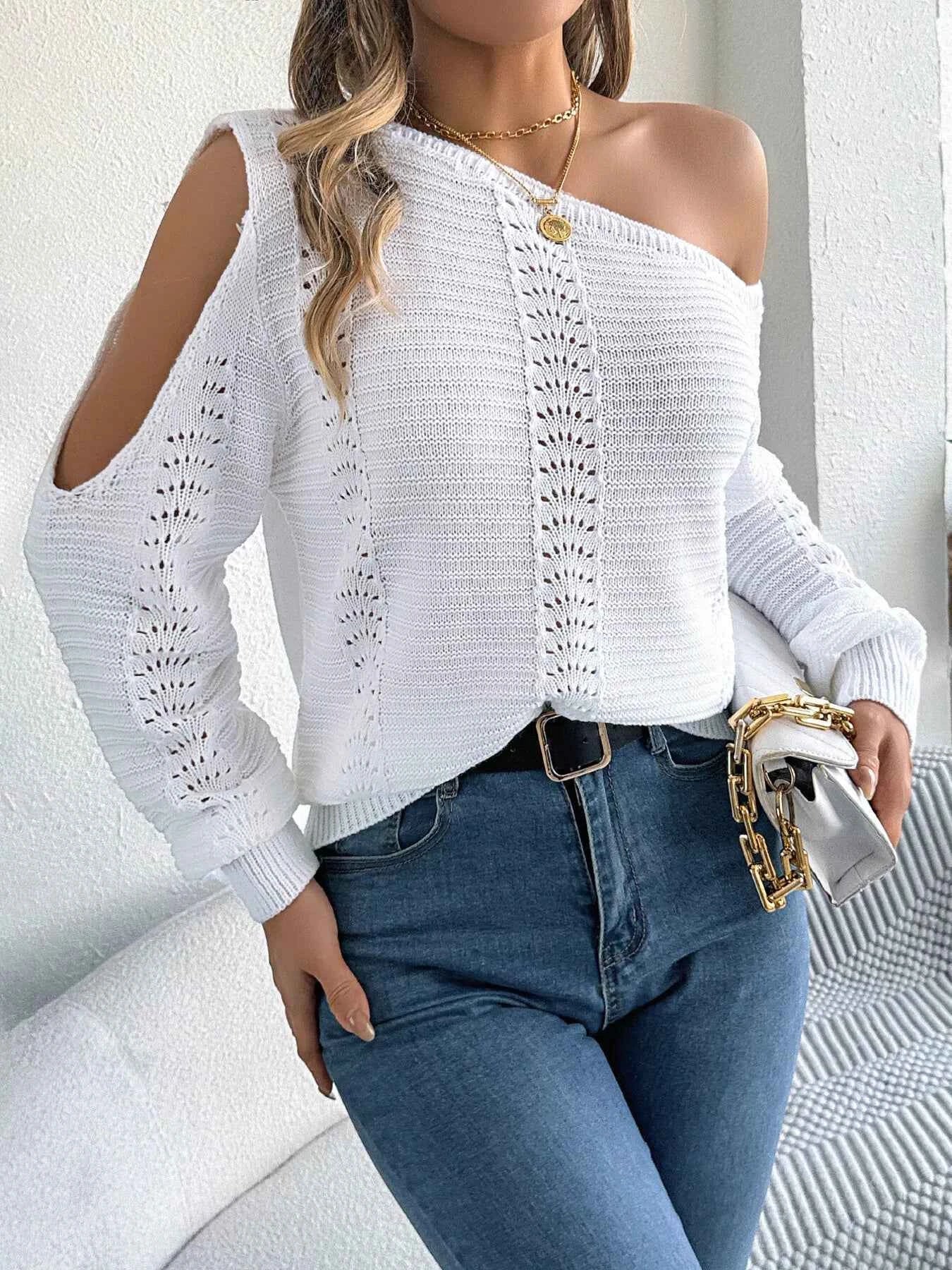 Openwork One Shoulder Cutout Long Sleeve Sweater 421c2615256641598829e7d83ed57479-Max-Origin