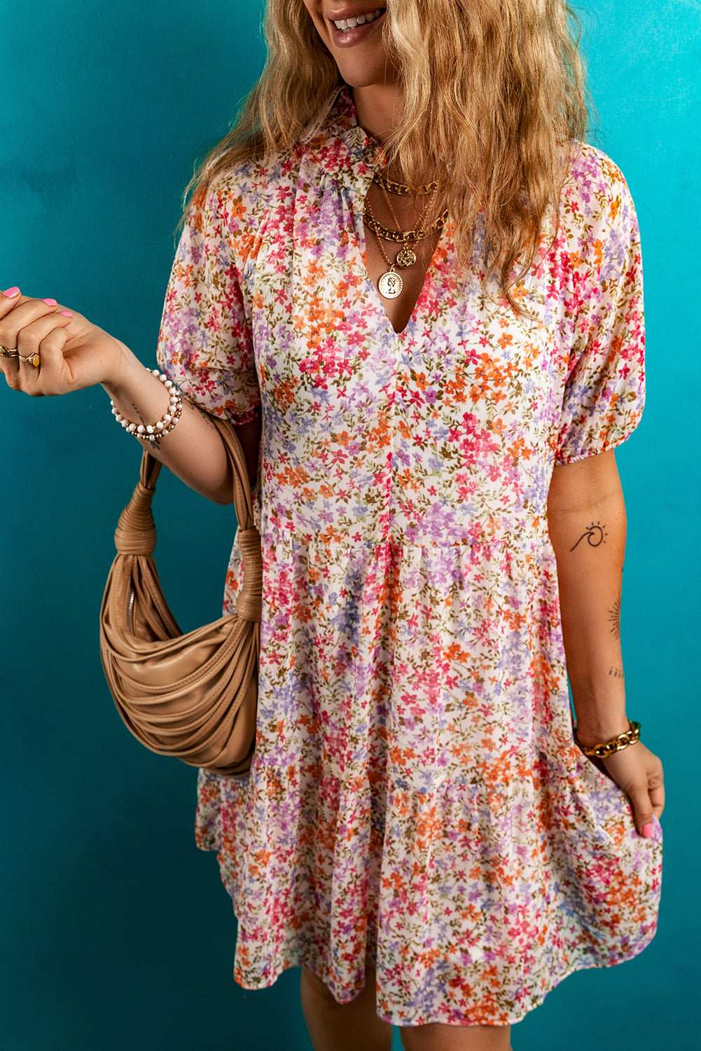 Red Floral Print Notched V Neck Puff Sleeve Tiered Mini Dress 421f5963b0983093-_5