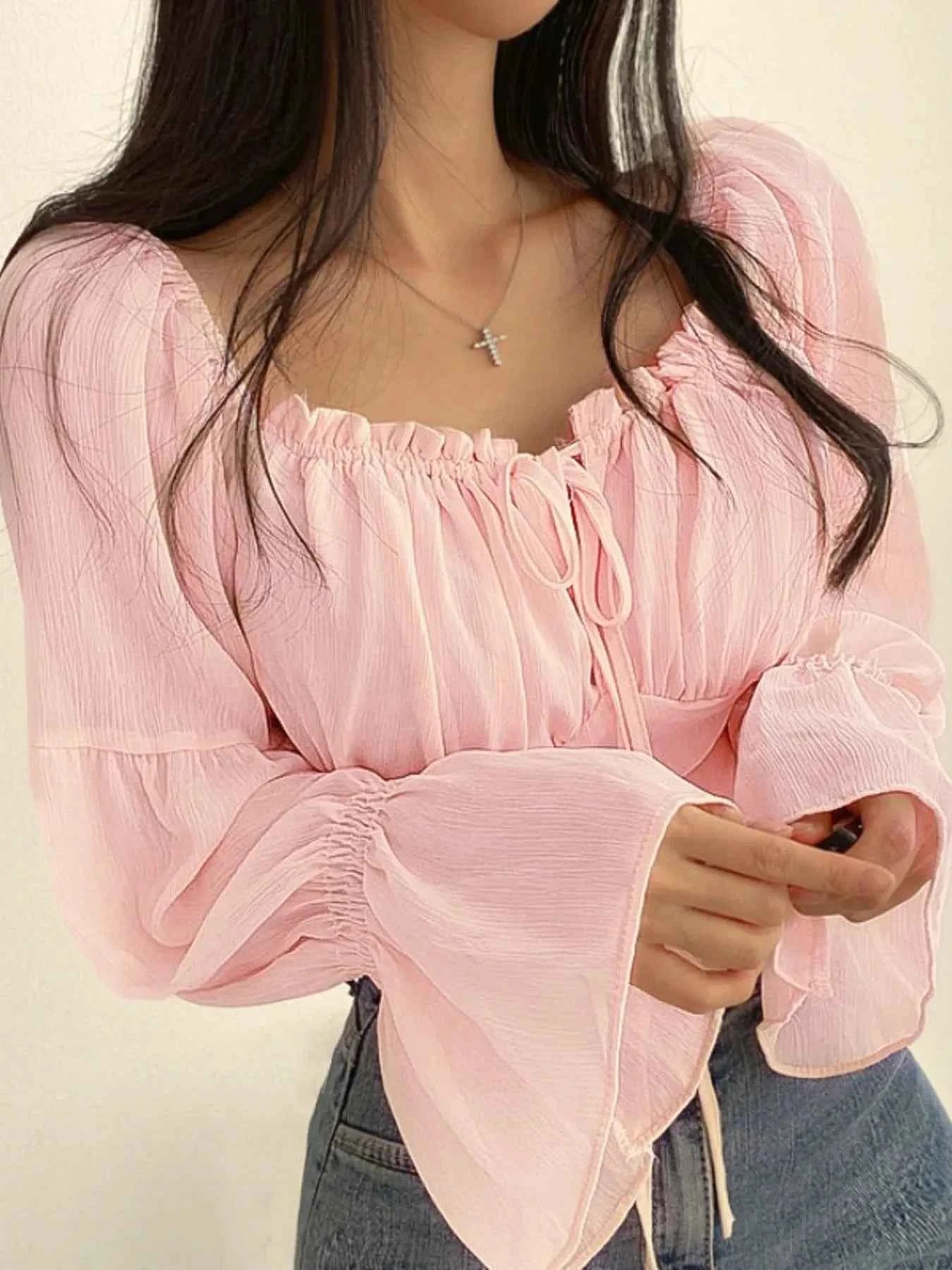 Tie Front Flounce Sleeve Blouse Pale Blush 42200e0655a8410a96867c5b9ed1d1df-Max-Origin
