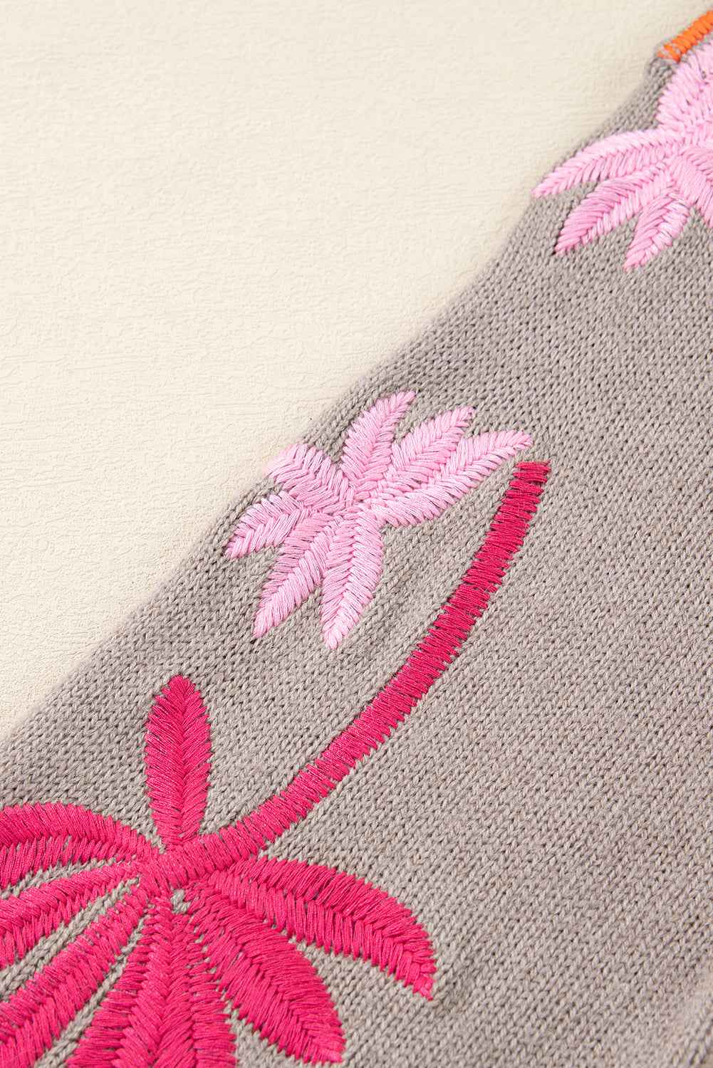 Beige Embroidered Floral Sleeve Round Neck Loose Sweater 42262dfc9c0c214d