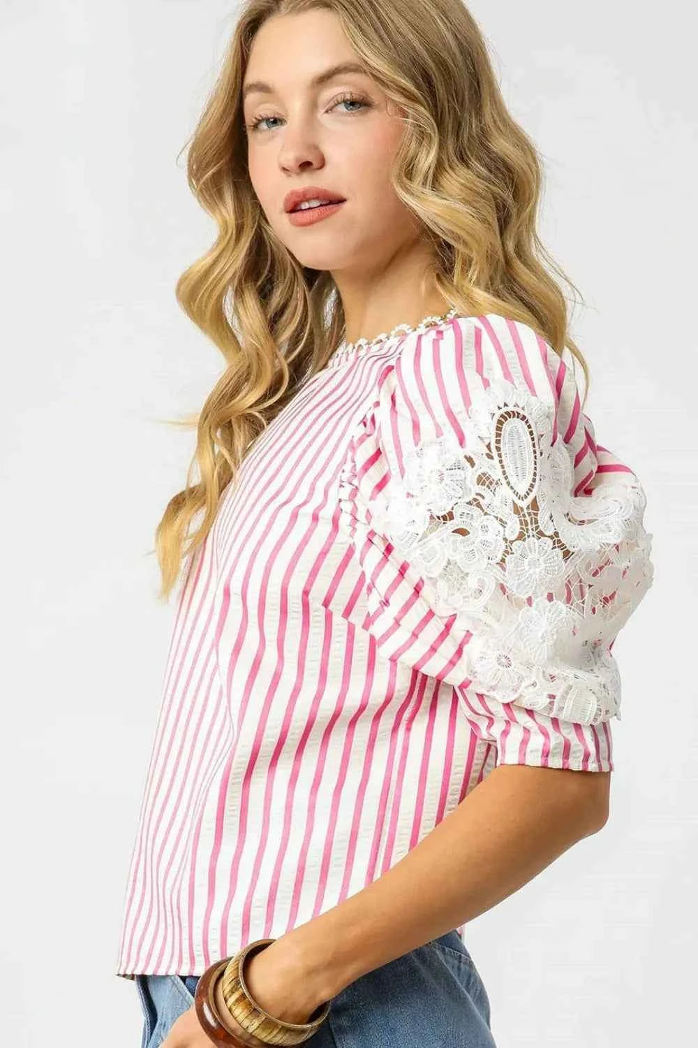 Umgee Striped Lace Puff Sleeve Blouse 4241e58e-6755-4c5f-b7fe-a2cffa4ed27e-Max-Origin