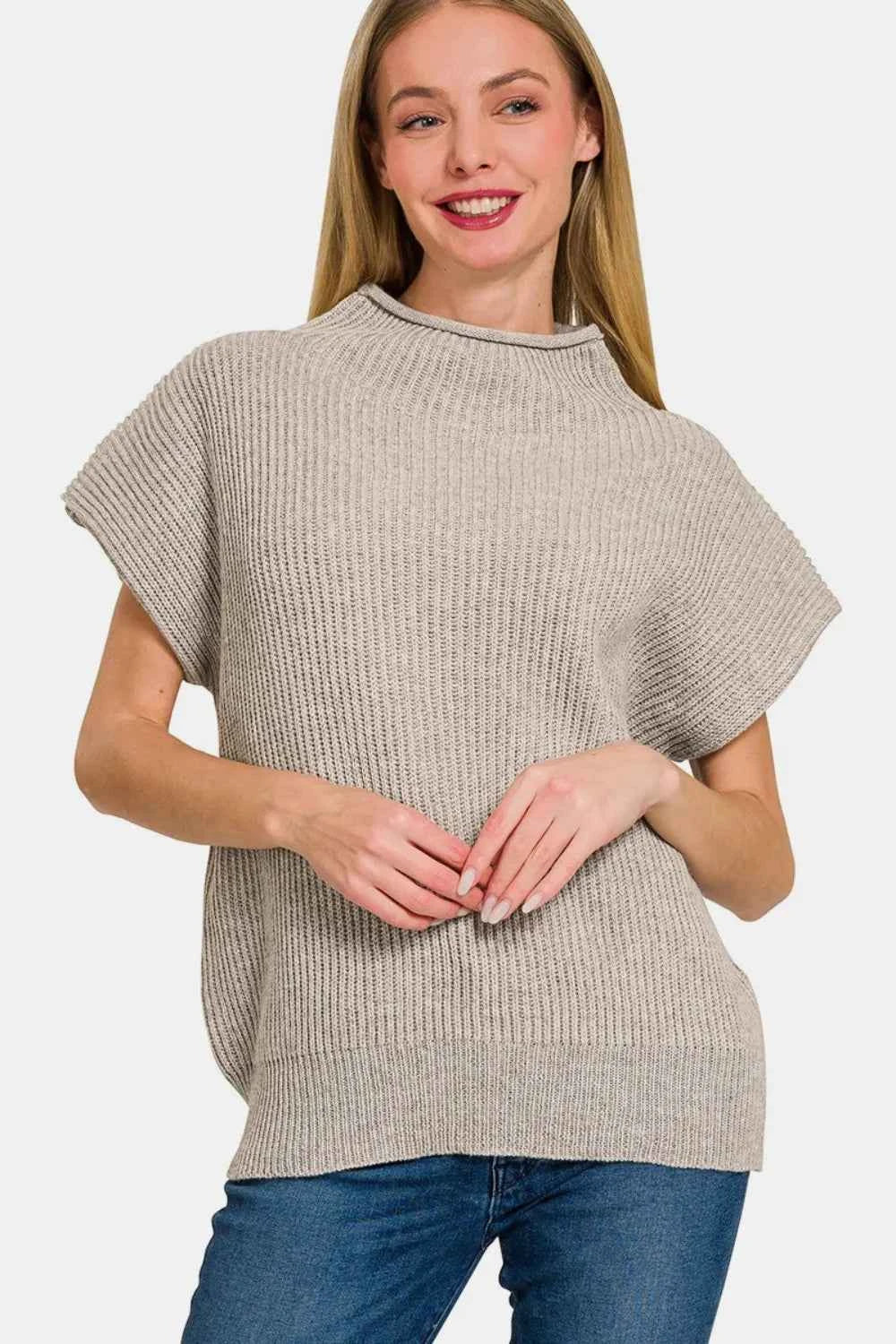 Zenana Short Sleeve Mock Neck Sweater H Mocha 42513c38-260c-4e36-a8b2-847f635d4cf3-Max