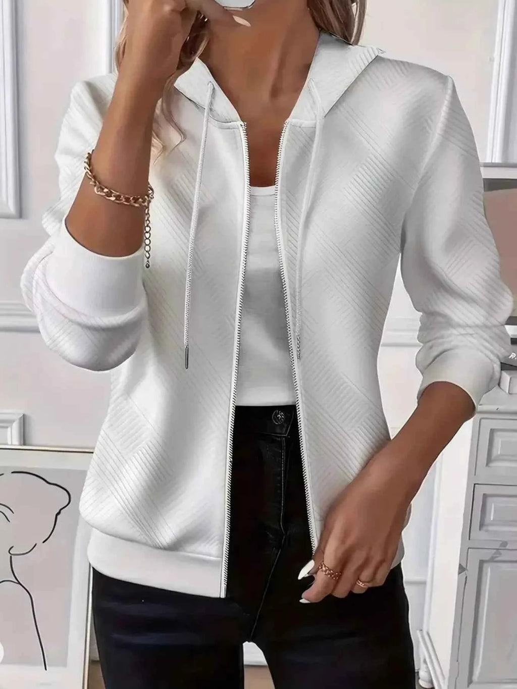 Texture Zip-Up Hoodie with Drawstring White 425b8ca8-8024-4600-a8de-a7b9026d1821-Max-Origin