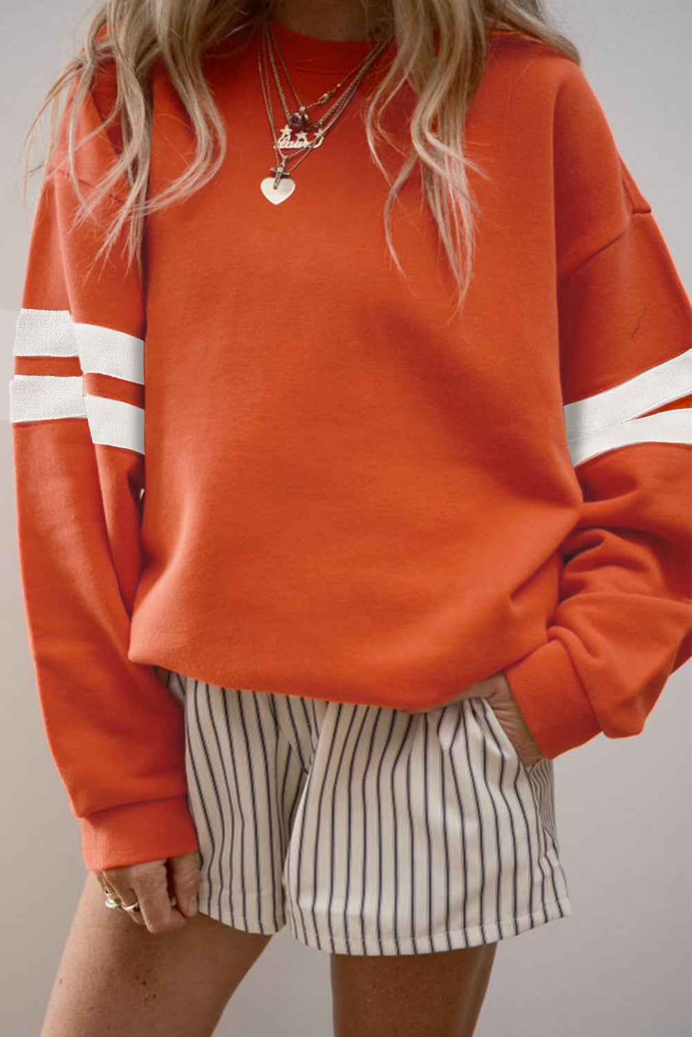 Orange Preppy Striped Sleeve Loose Sweatshirt Orange 65%Polyester+35%Cotton 42692896303ed394