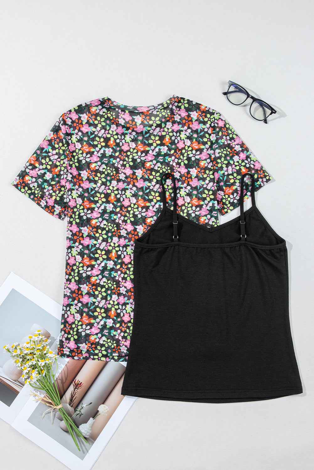 Black Sheer Mesh Floral Round Neck T Shirt with Camisole 4269b7bf1cdfe17e