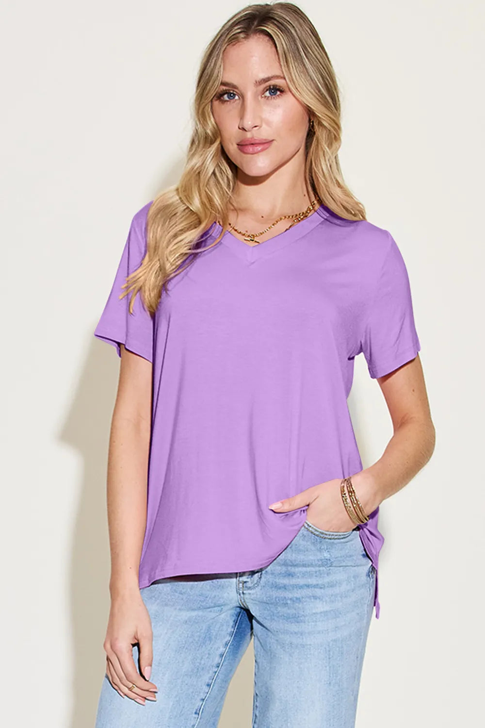 Basic Bae Bamboo Full Size V-Neck High-Low T-Shirt Lavender 426dfa35-068d-4262-acc8-54e6bc377997-Max