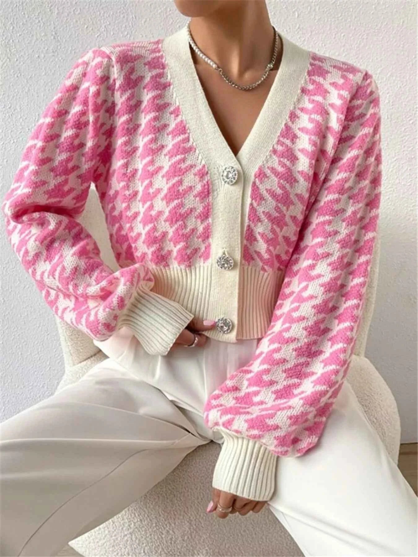 Houndstooth V-Neck Button Up Cardigan Dusty Pink 427080f7d1864d4482075c33d9a62609-Max-Origin
