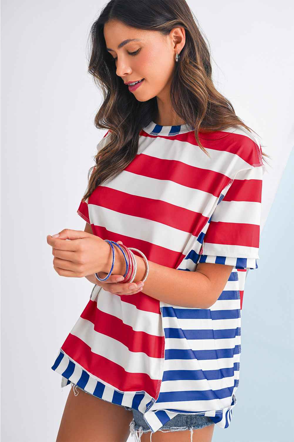Red Stripe Loose Casual Color Block T Shirt 42797451cce332ad