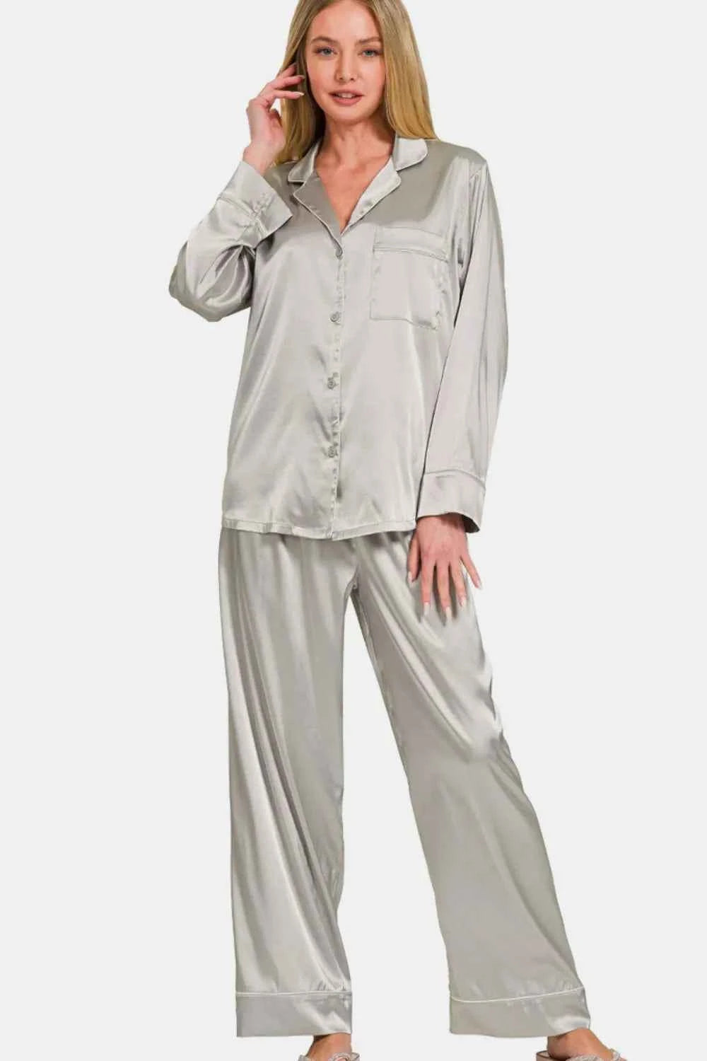 Zenana Satin Long Sleeve Shirt and Pants Pajama Set 4283396c-6bde-4213-bb46-d4c90391fdca-Max