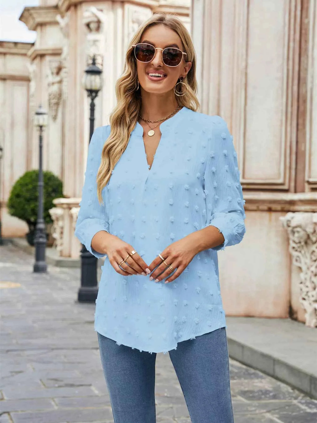 Swiss Dot Notched 3/4 Sleeve Blouse 429687111ac74eb2bdd12190a807b84e-Max-Origin