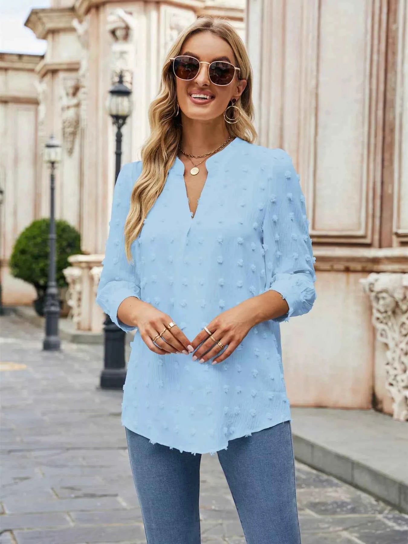 Swiss Dot Notched 3/4 Sleeve Blouse 429687111ac74eb2bdd12190a807b84e-Max-Origin