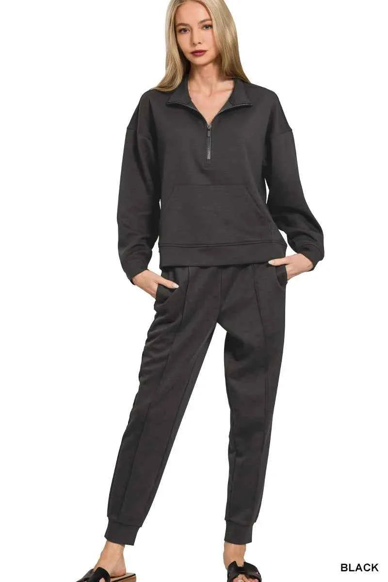 Zenana Scuba Half Zip Sweatshirt and Joggers Set BLACK 429dffe7ec374d818e3c6f748e76473b-Max-Origin