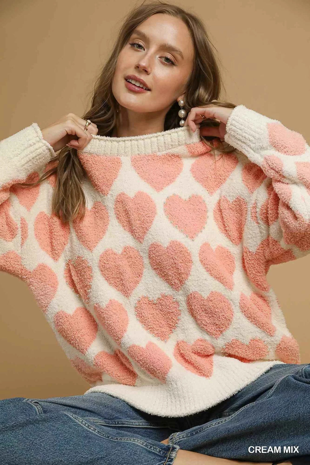 Umgee Mix Heart Pattern Pearl Accent Sweater 42b3d1b3-f6ef-45ca-aafd-0e3567724f35-Max-Origin