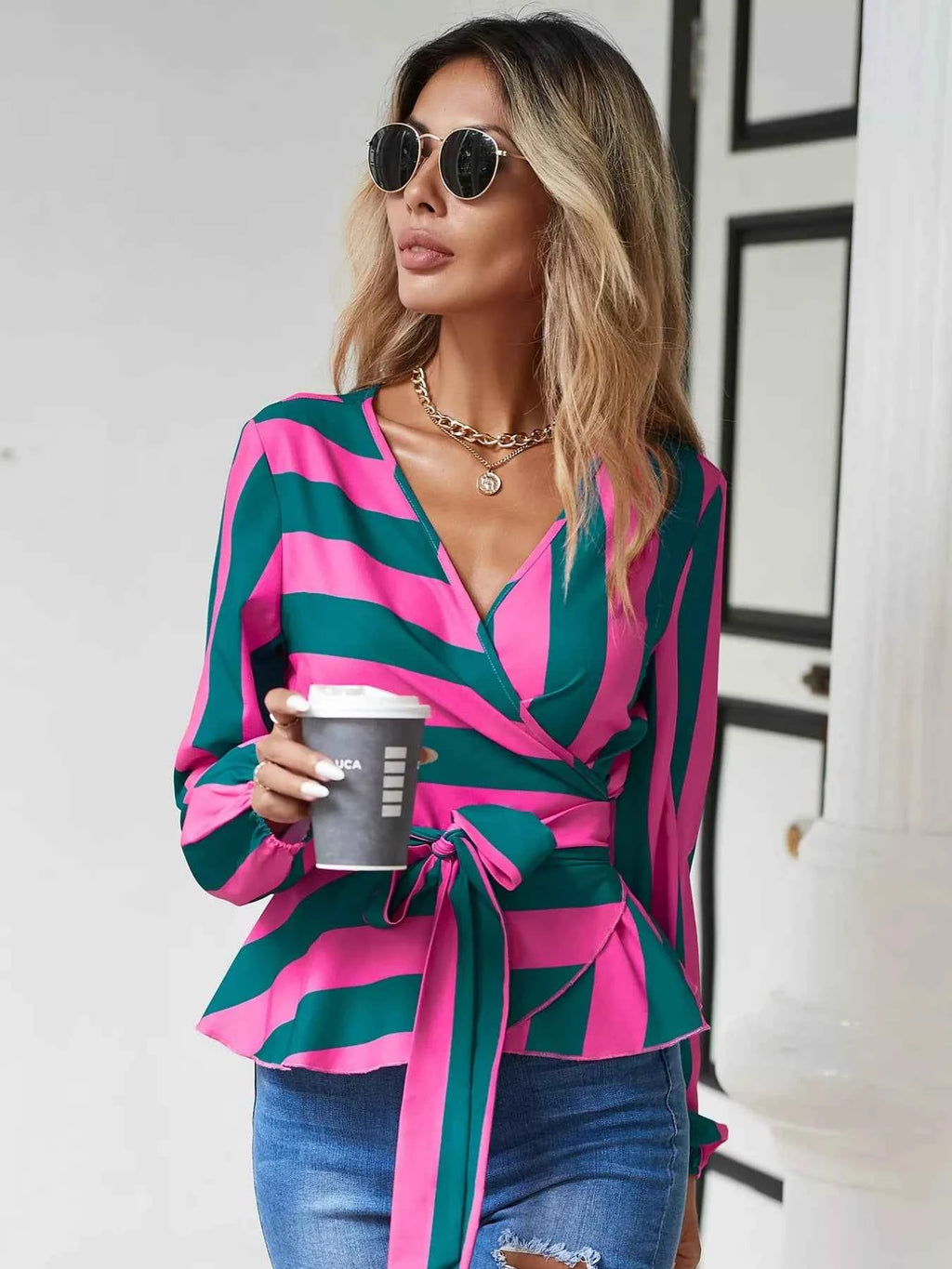 Striped Wrap Blouse with Tie Detail 42b44abe-3770-4449-aa40-376dfc2fb4ab-Max-Origin
