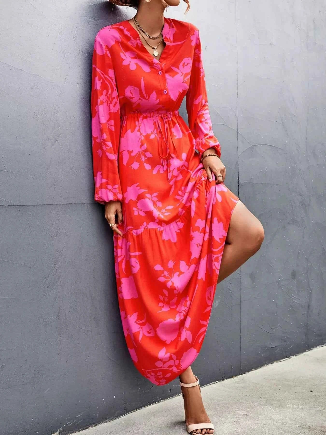 Floral Drawstring Waist Long Sleeve Maxi Dress 42bb5be0-3f68-48f9-bca8-cc2e85aea255-Max-Origin