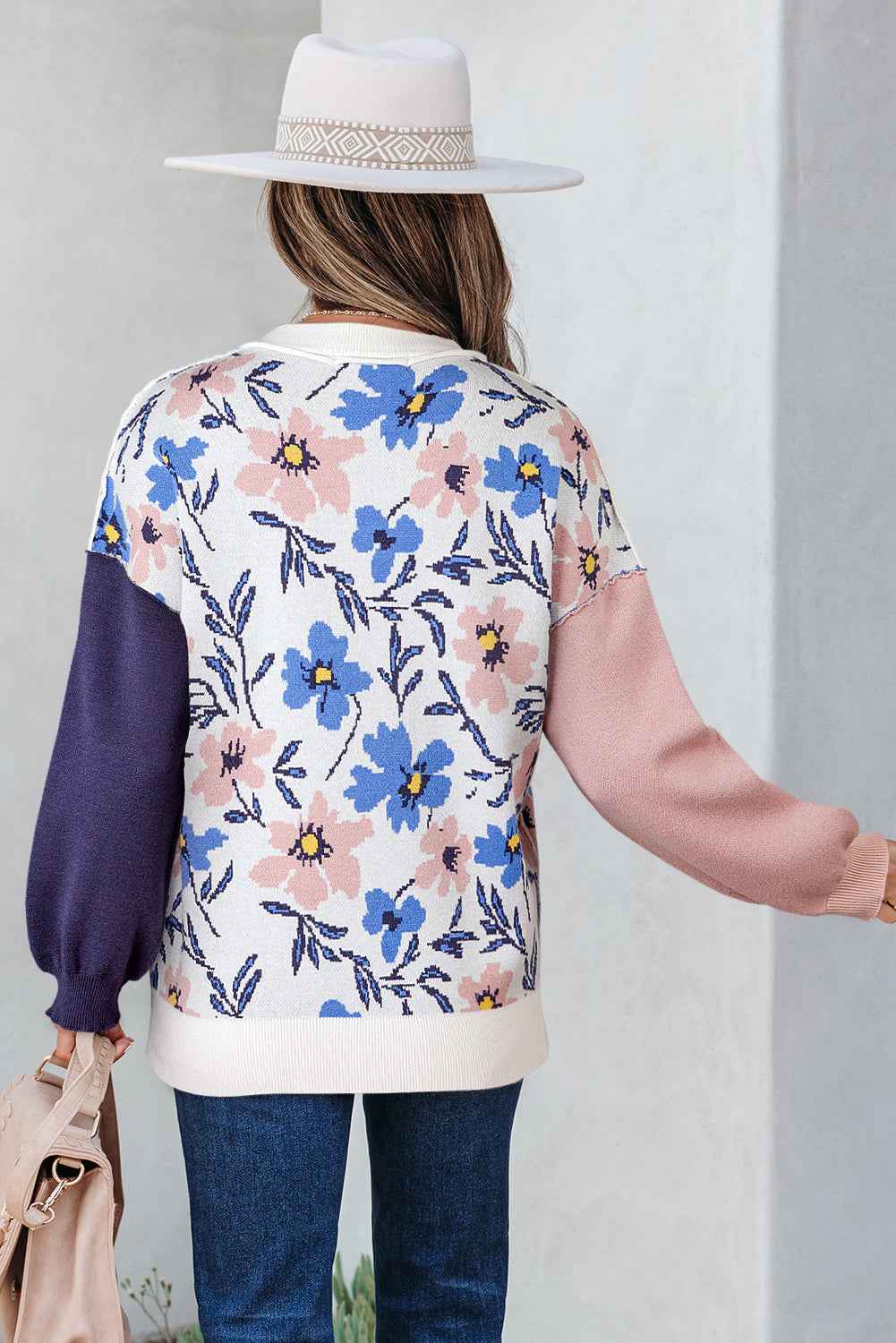 Khaki Vibrant Floral Contrast Colorblock Sleeve Pullover Sweater 42c01050391a49e5