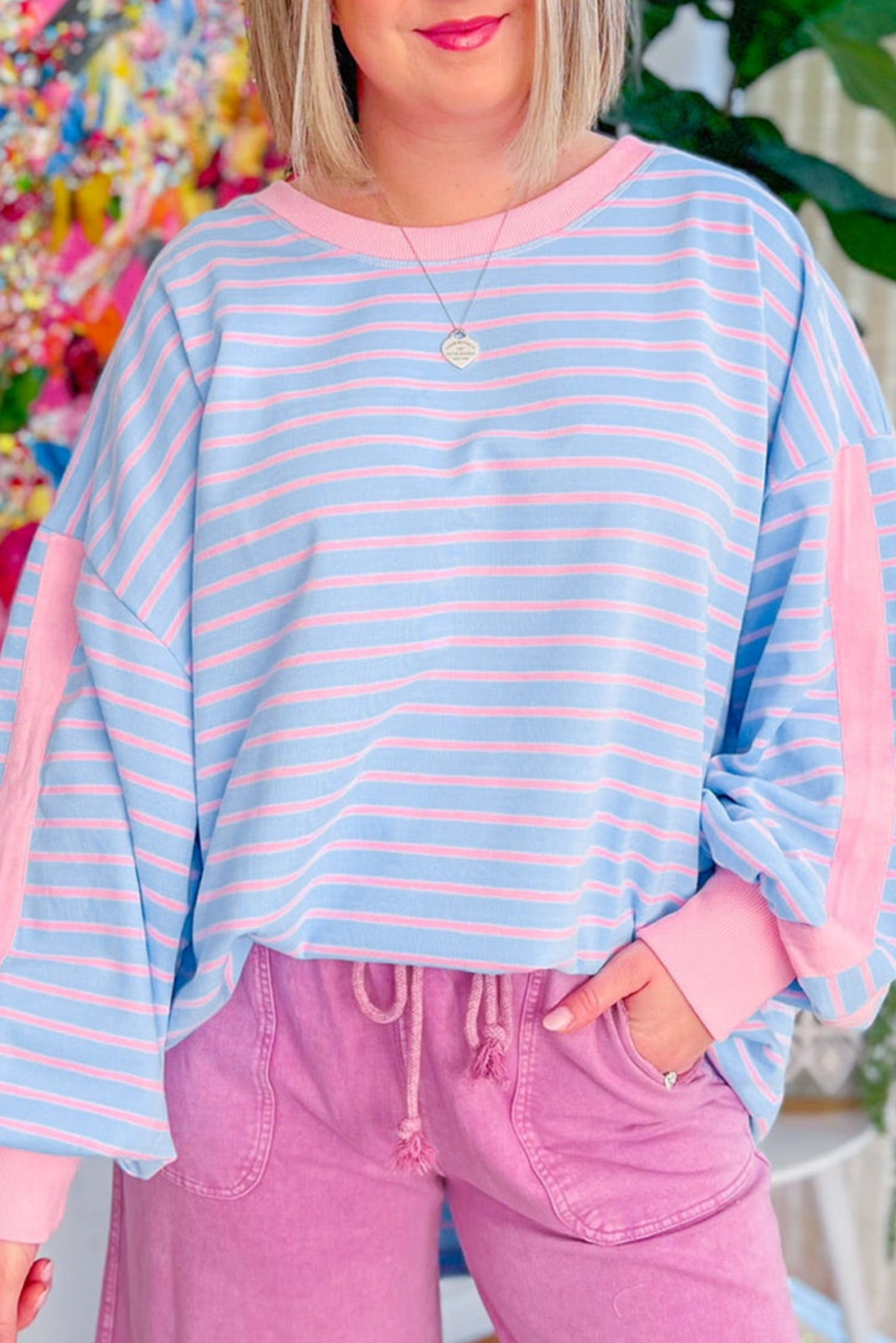 Sky Blue Stripe Oversized Contrast Trim Drop Shoulder Casual Top Sky Blue Stripe 95%Cotton+5%Elastane 42db15ed8d5c81cb