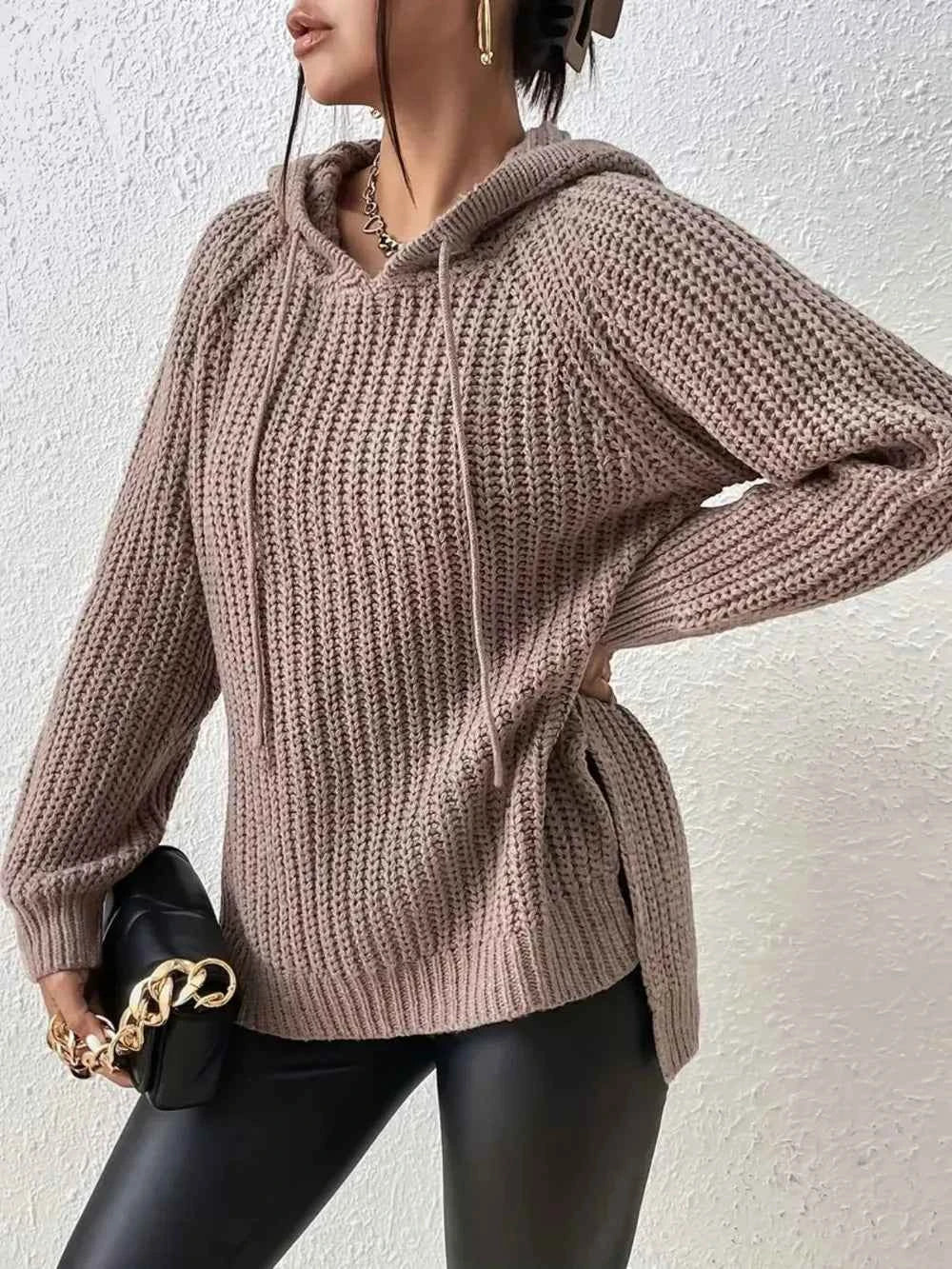 High-Low Side Slit Drawstring Long Sleeve Hooded Sweater Mocha One Size 42dd37e2-4d1e-476a-8b65-6ccaad501f94-Max