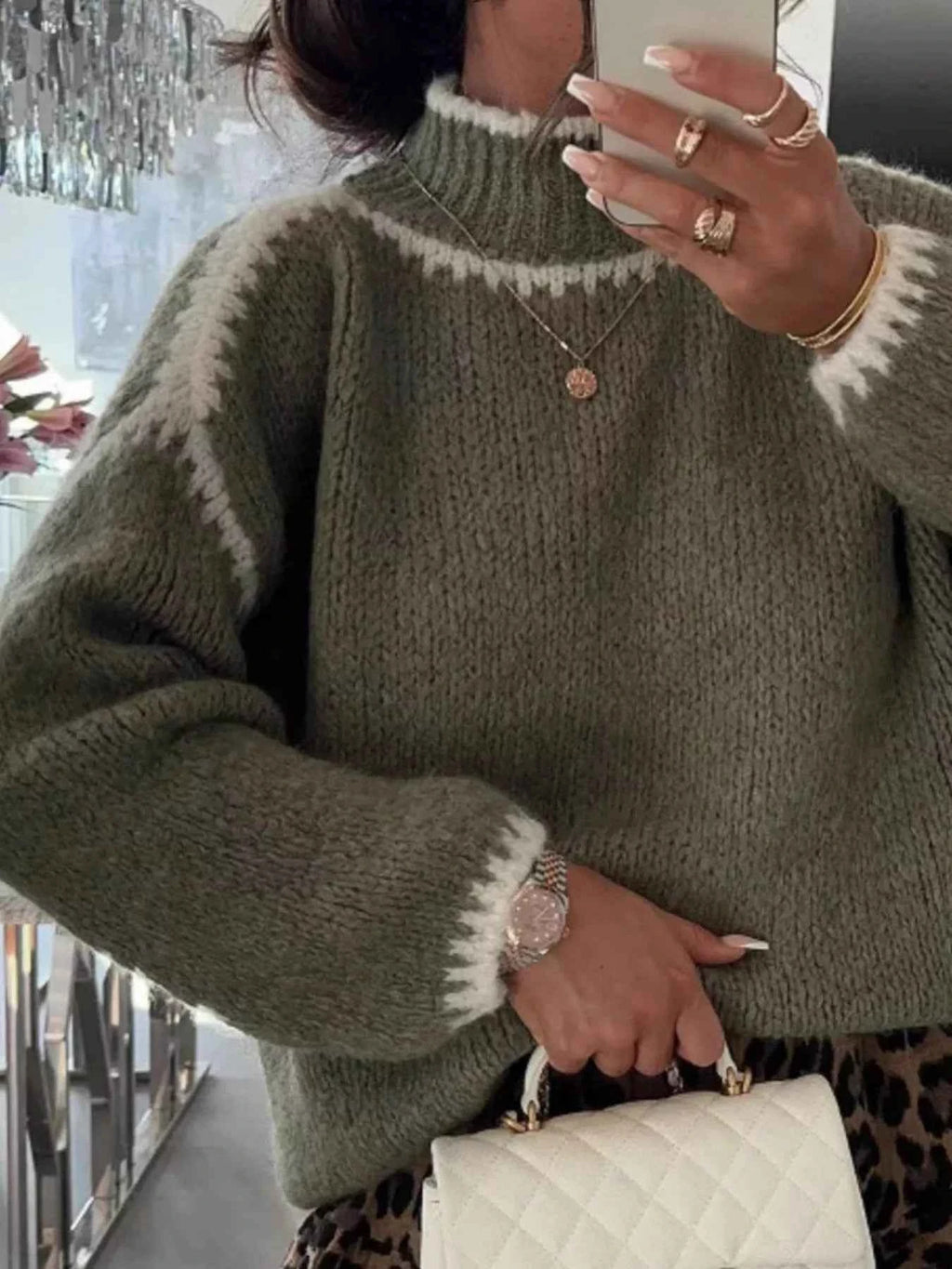 Contrast Trim Turtleneck Long Sleeve Sweater Green 42e419d2-0763-4130-996b-01fadd045068-Max-Origin