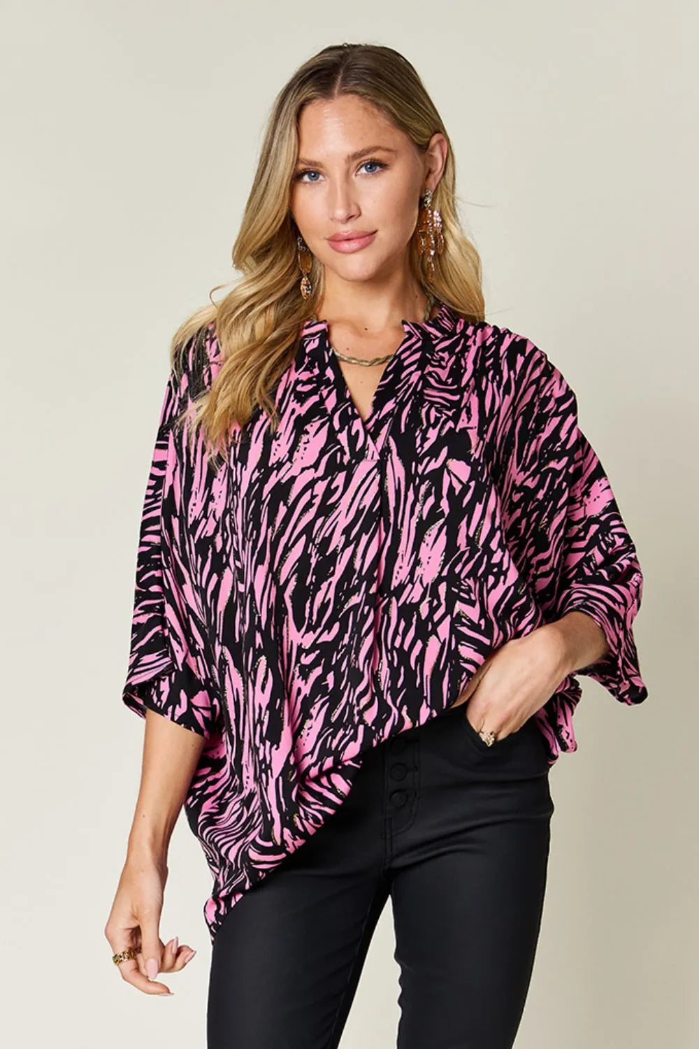 Double Take Full Size Printed Notched Three-Quarter Sleeve Blouse Pink 42fd6b1b-d867-4a42-9670-380b9e53dfd6-Max