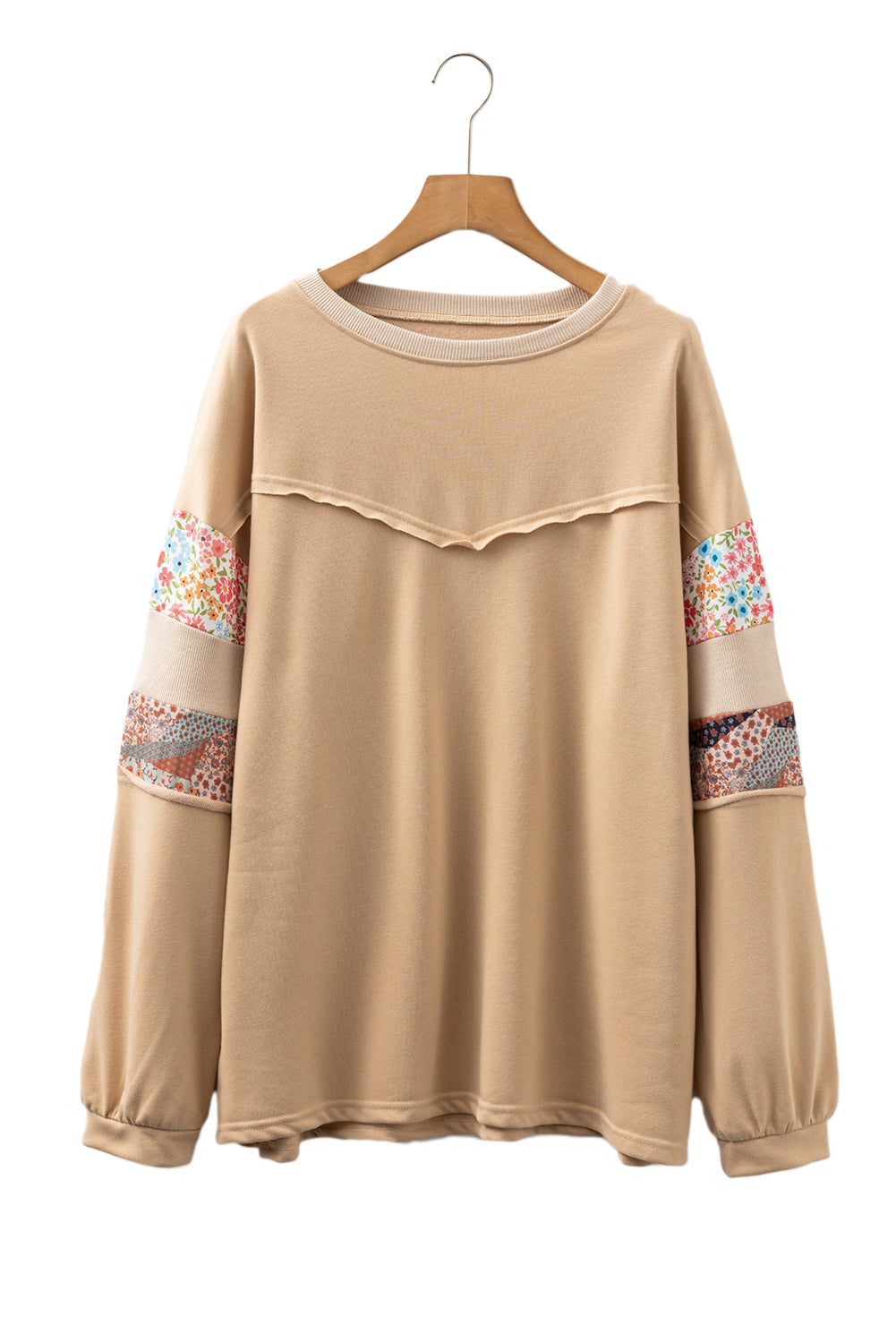 Khaki Exposed Seam Floral Mixed Patchwork Plus Size Top 43018b93bd9ea805