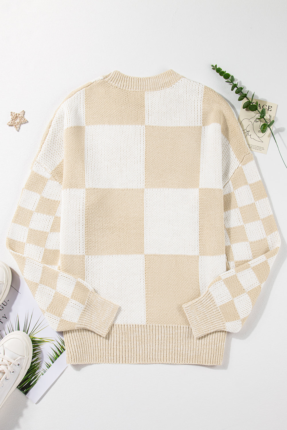 Flaxen Plaid Knitted Drop Shoulder Sweater 43030a1da7ea7fd0