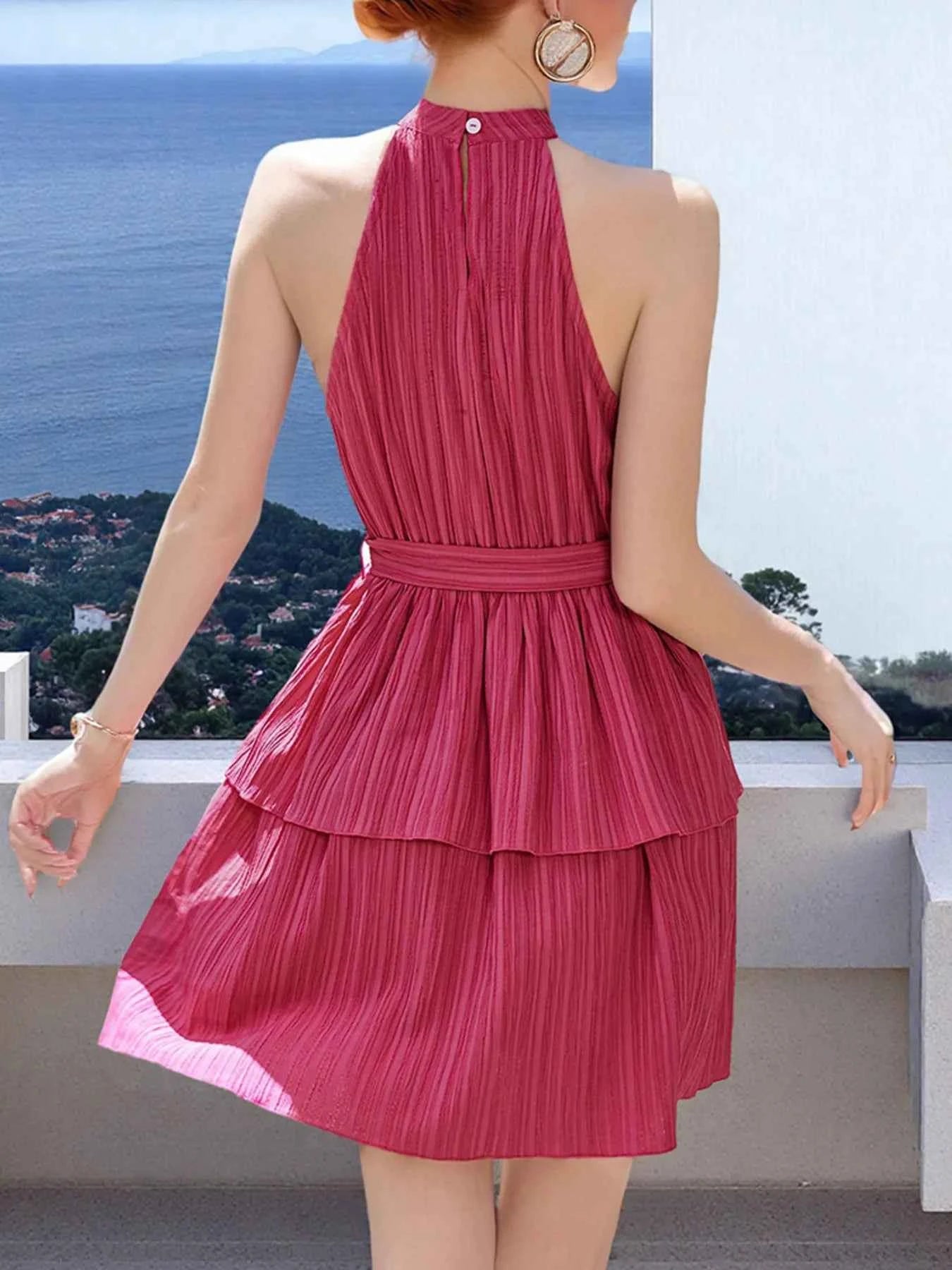 Pleated Halter Neck Layered Mini Dress 43086b1a7bd7404d80ee00922659cf27-Max-Origin