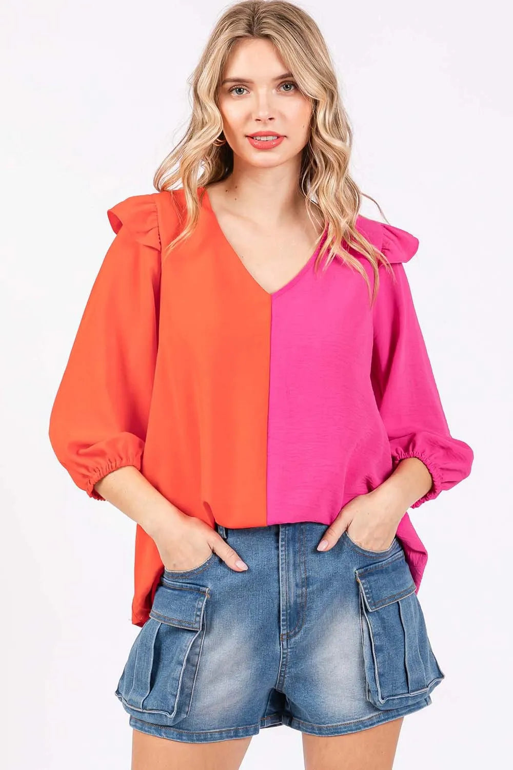 GeeGee Full Size Ruffle Trim Contrast Blouse Orange Fuchsia 430d4b02-4b01-48fb-b45f-441d5e15f63a-Max