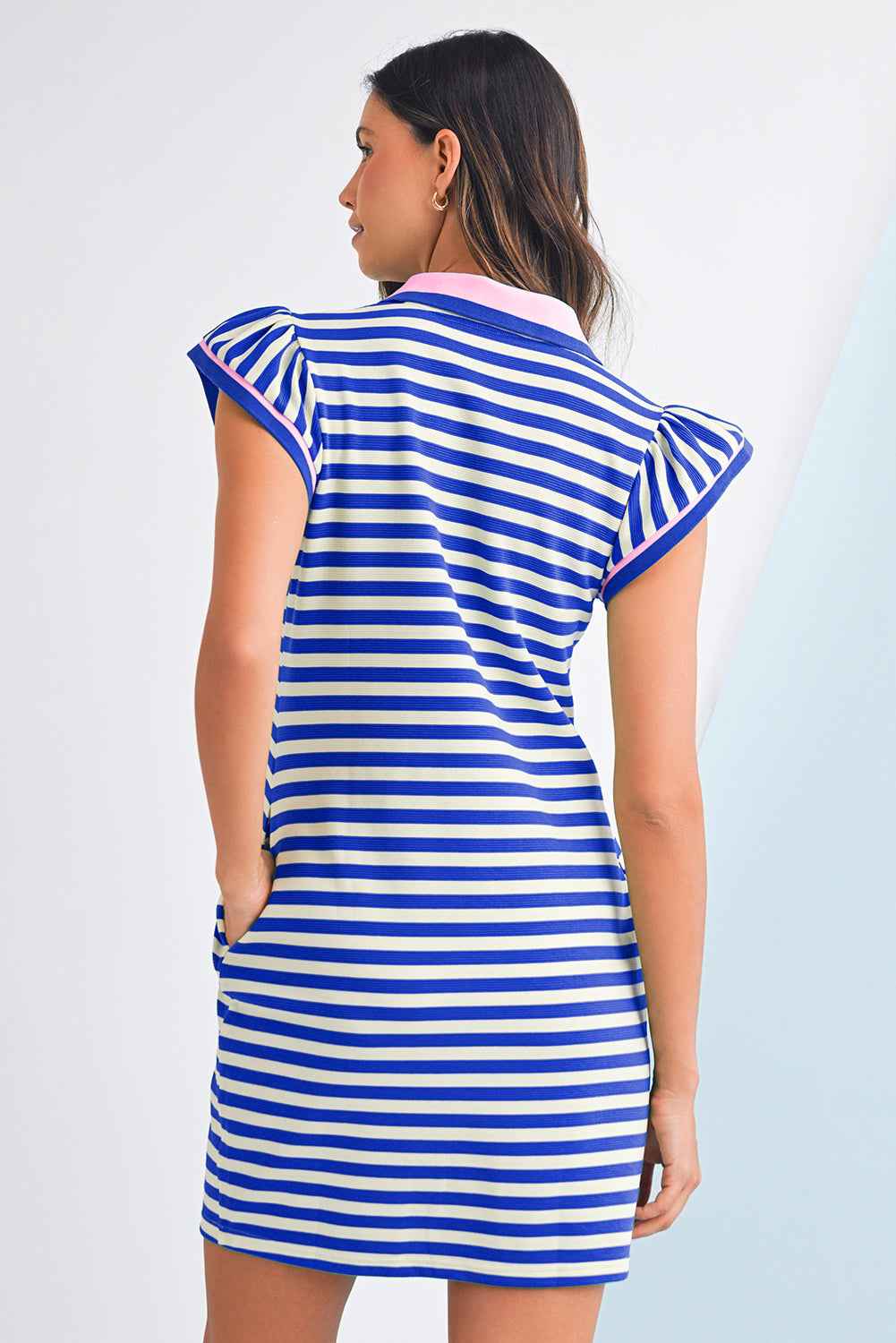 Dark Blue Striped Ruffle Short Sleeve Pop of Color Neckline Dress 430f6901afa555f3