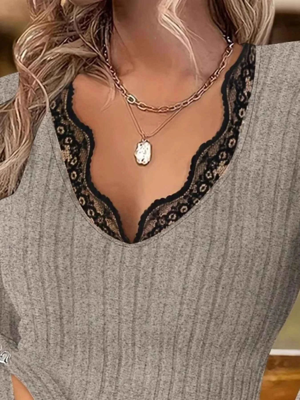 Full Size Ribbed V-Neck Lace Trim Long Sleeve T-Shirt Plus Size