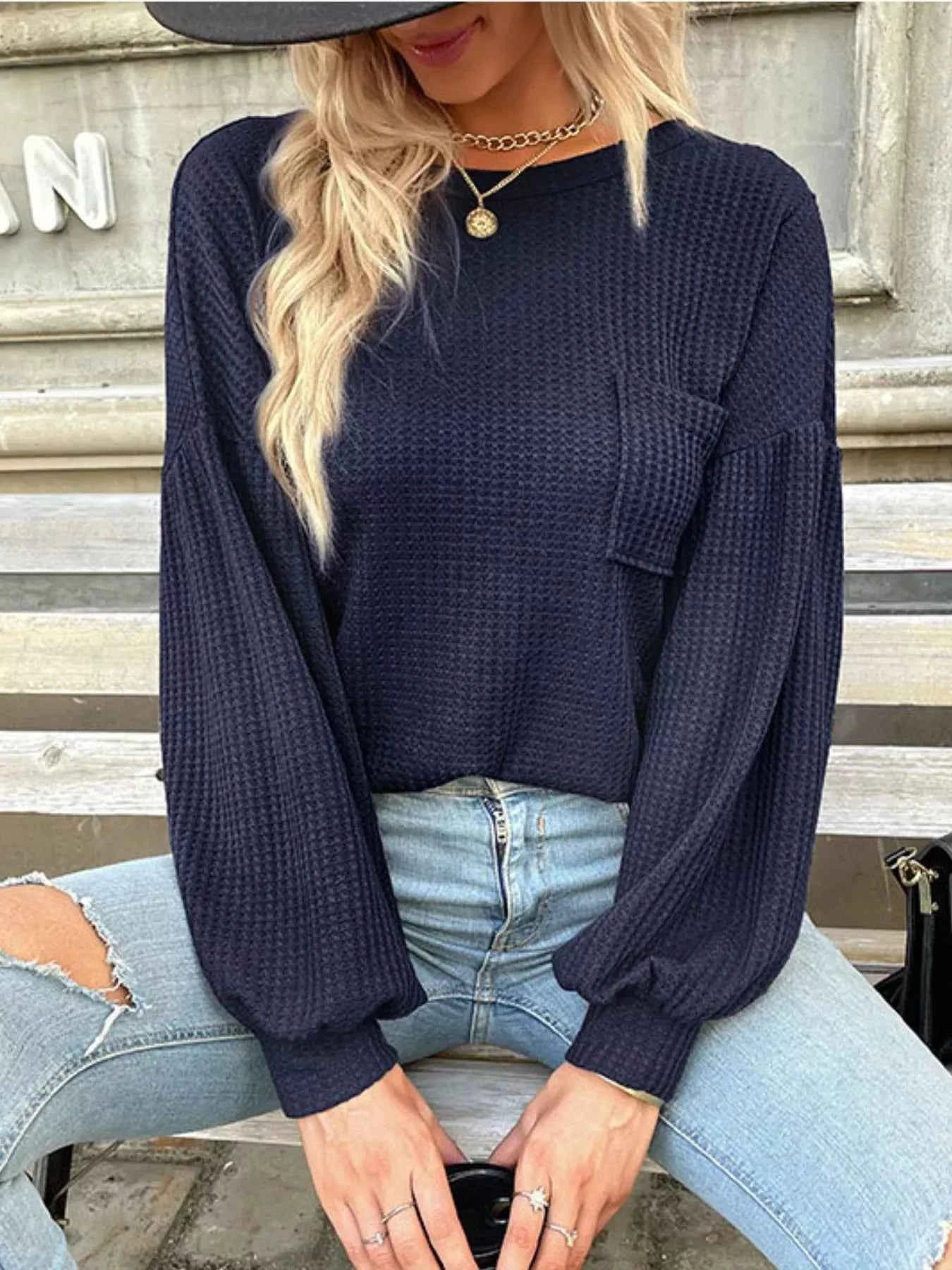 Waffle Knit Round Neck Top Dark Blue 43146052-4bbf-48b4-b936-8e9e3d8d6a51-Max-Origin
