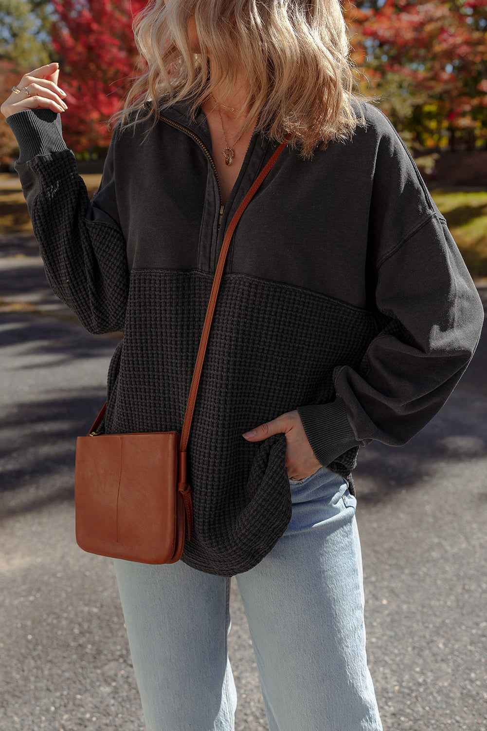 Carbon Grey Waffle Knit Patchwork Half Zipped Casual Sweatshirt 434662163a824b4a
