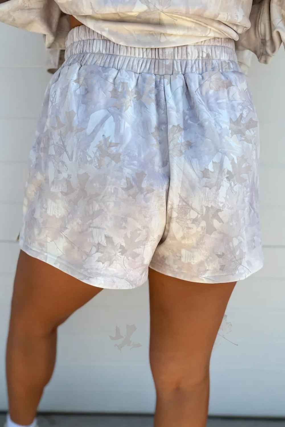 Beige Abstract Maple Leaf Print Long Sleeve Top Elastic Waist Shorts Set 434a218e3edd7fb8