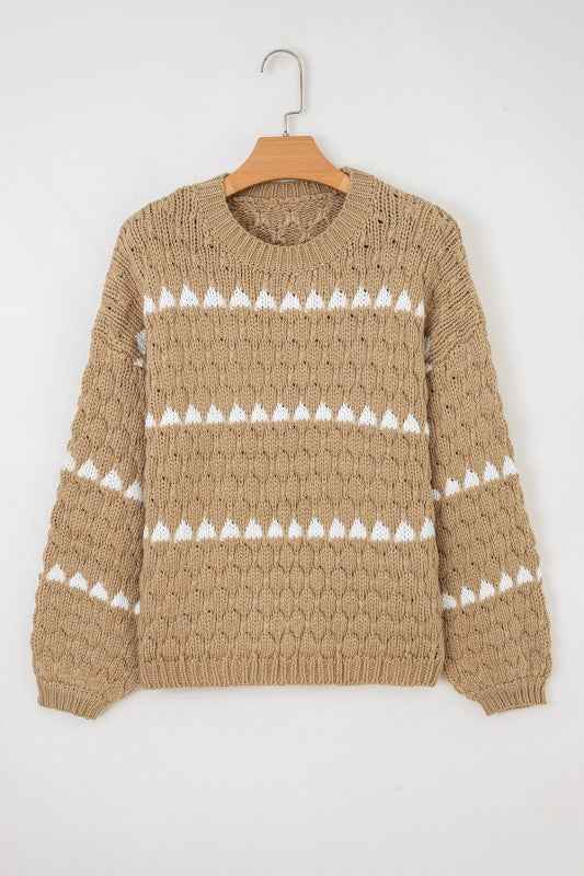 Colorblock Textured Knit Puff Sleeve Sweater