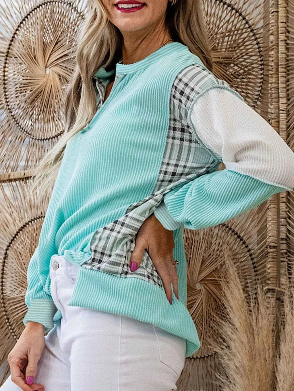 Color Block Plaid Notched Long Sleeve Top 437143e8-4469-41f6-a118-254fce79180c-Max-Origin