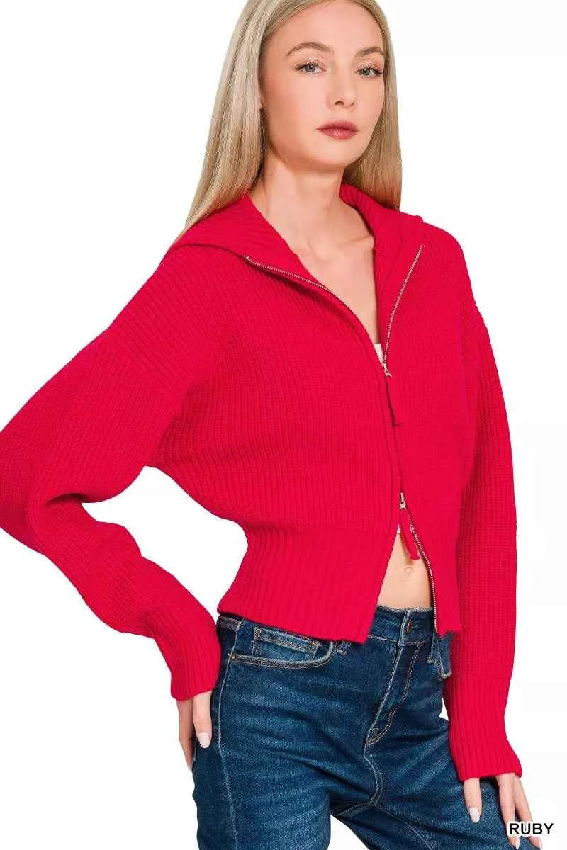 Zenana Ribbed Collared Zip Up Sweater Cardigan 438327fccc024defa47d351c295c1fe7-Max-Origin